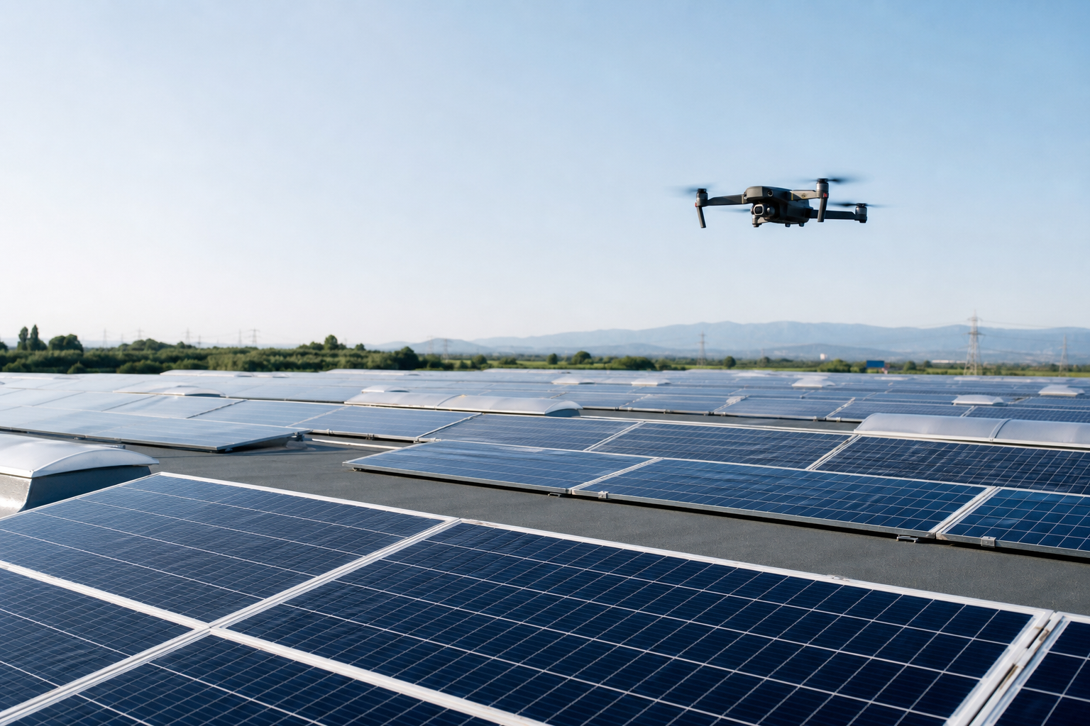 Drone professionale durante l’ispezione di un impianto fotovoltaico