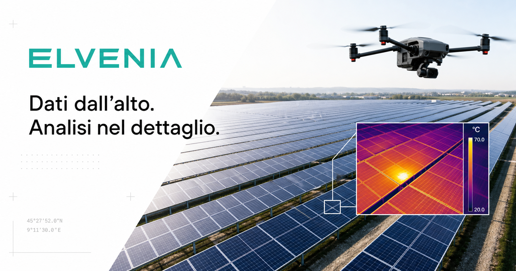 Drone professionale durante l’ispezione di un impianto fotovoltaico con analisi termica